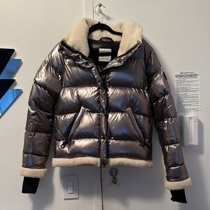 Metallic Puffer Jacket with Faux Shearling Trim